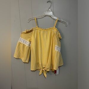 Spring/Summer shirt, cold shoulder with spaghetti straps, yellow summer shirt